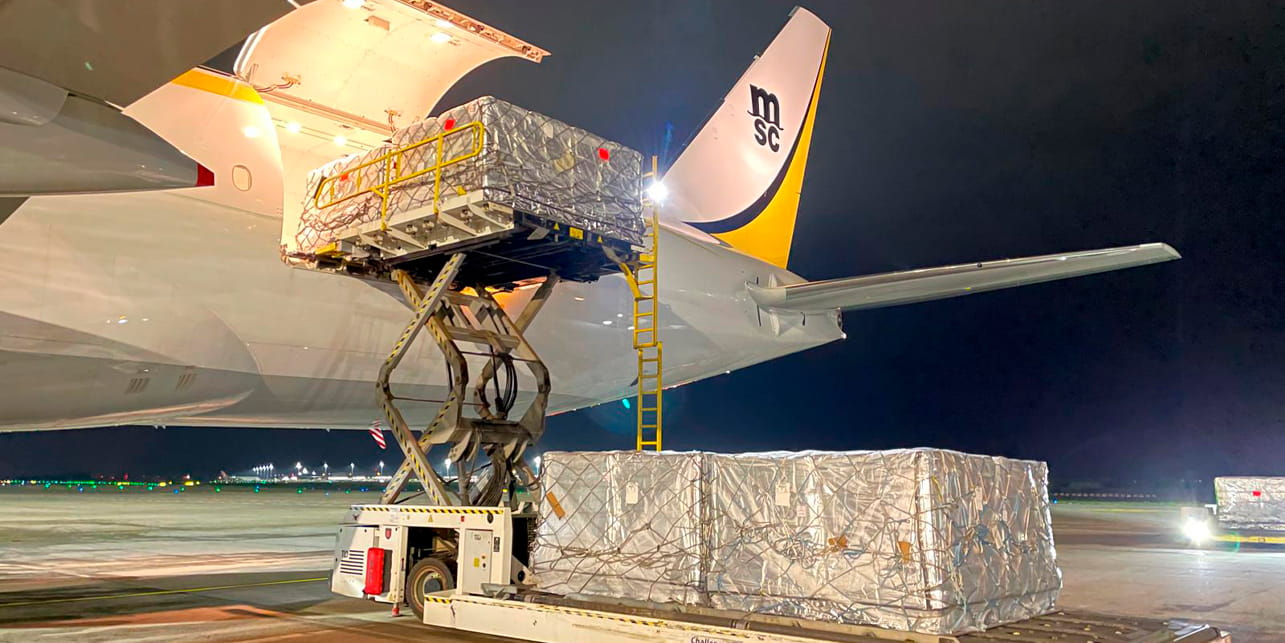Temperature-controlled pharmaceutical container being loaded into MSC Air Cargo aircraft