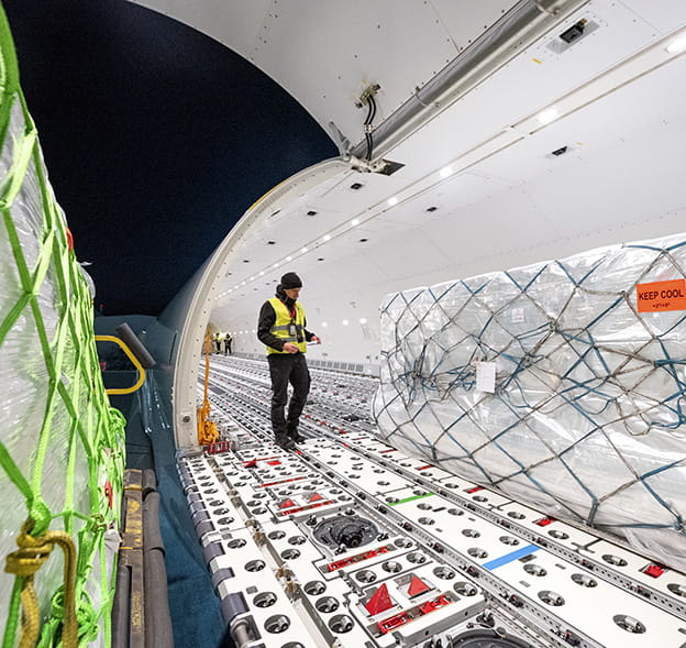Pharmaceutical containers loaded into MSC Air Cargo aircraft for transport