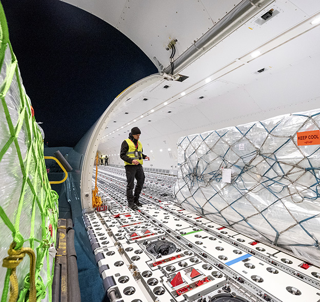 Pharmaceutical containers loaded into MSC Air Cargo aircraft for transport