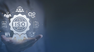 ISO certification symbol surrounded by compliance and quality icons