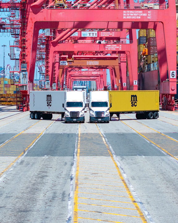 MSC trucks at terminal with dry and reefer container