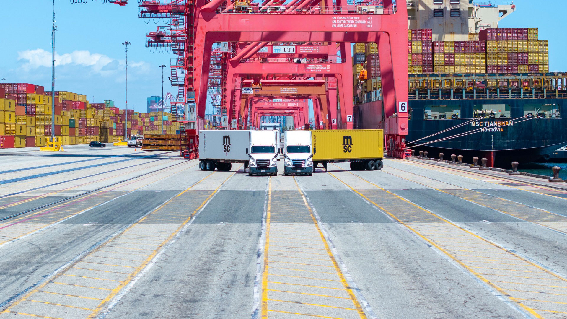 MSC trucks at terminal with dry and reefer container