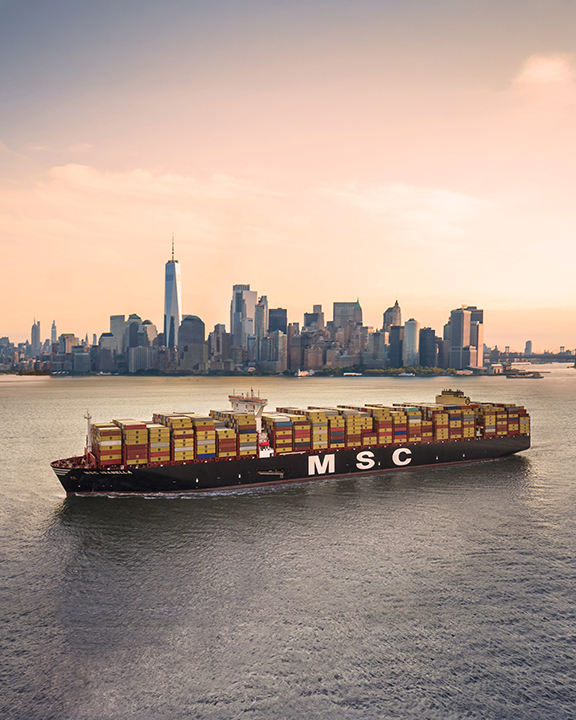 MSC Isabella Vessel in front of the Manhattan skyline