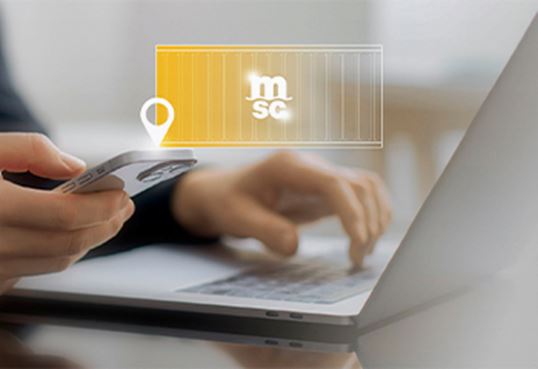 Laptop screen displaying MSC Smart Containers IoT tracking interface, representing real‑time visibility and smart logistics.