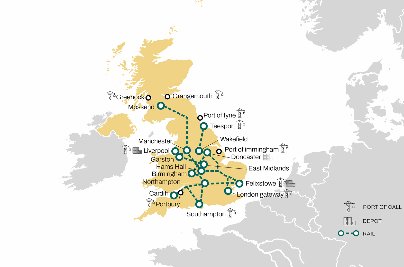 UK map showing MSC UK's intermodal network. 
