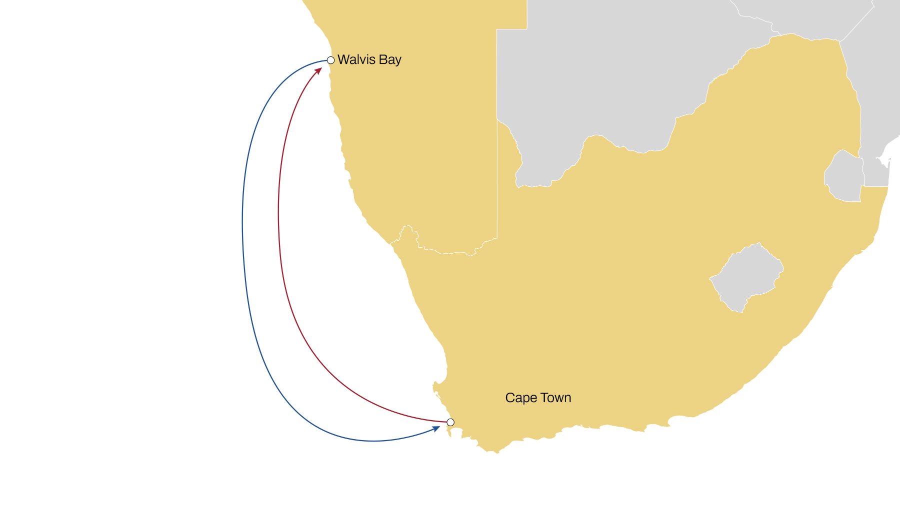 map showcasing the routing ex. Cape Town to Walvis Bay