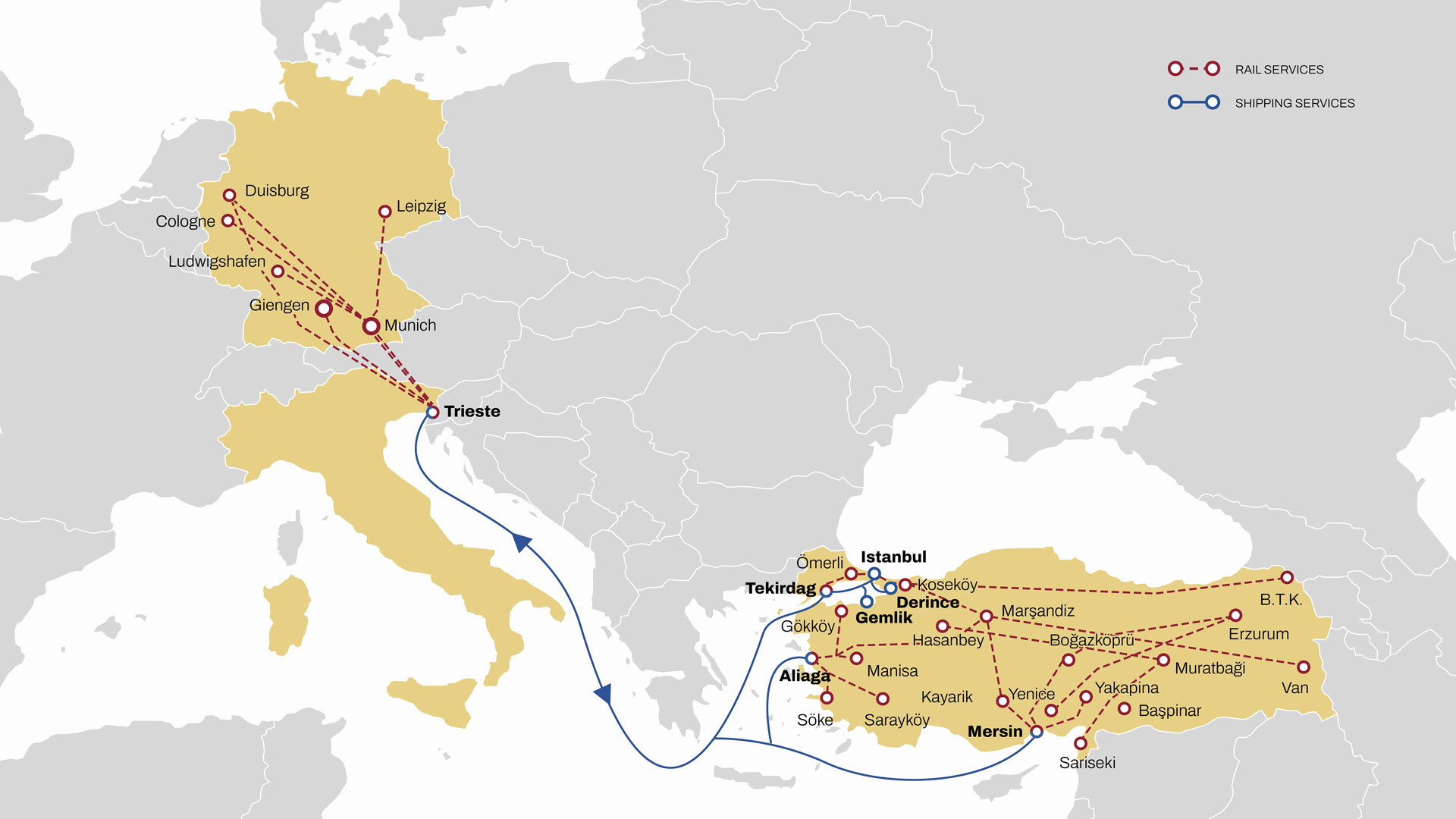 MSC Connection for shipments from Germany to Turkiye via Trieste map