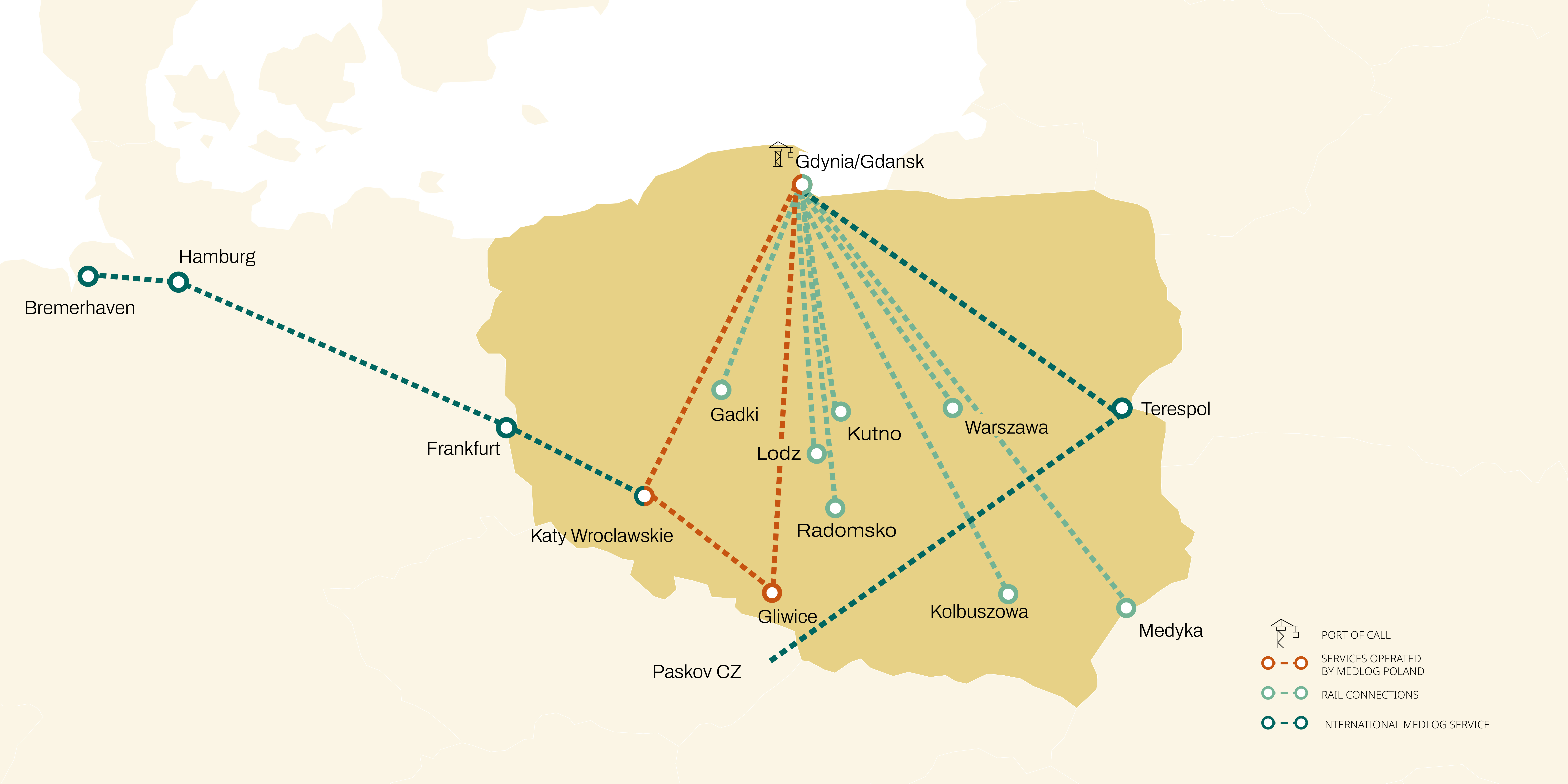 A map of MSC Poland intermodal services