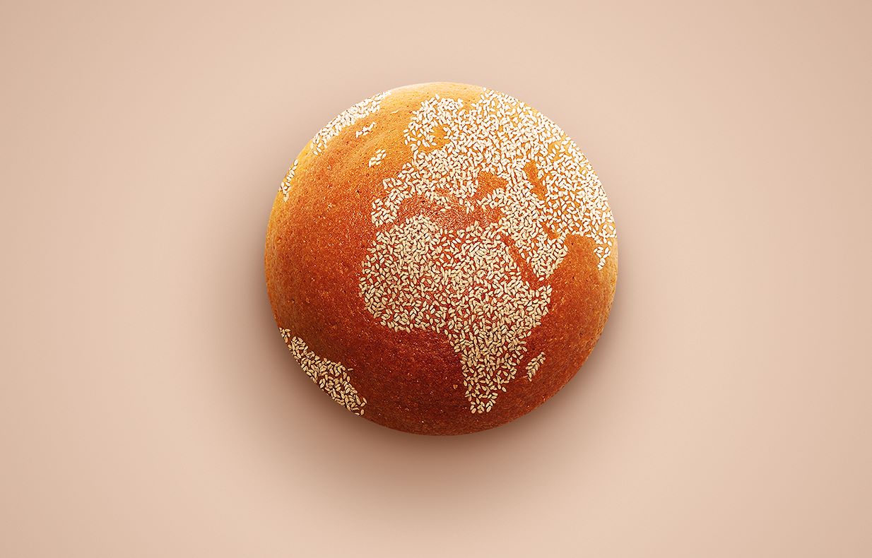 Orange like a globe with sesame seeds depicting the continents