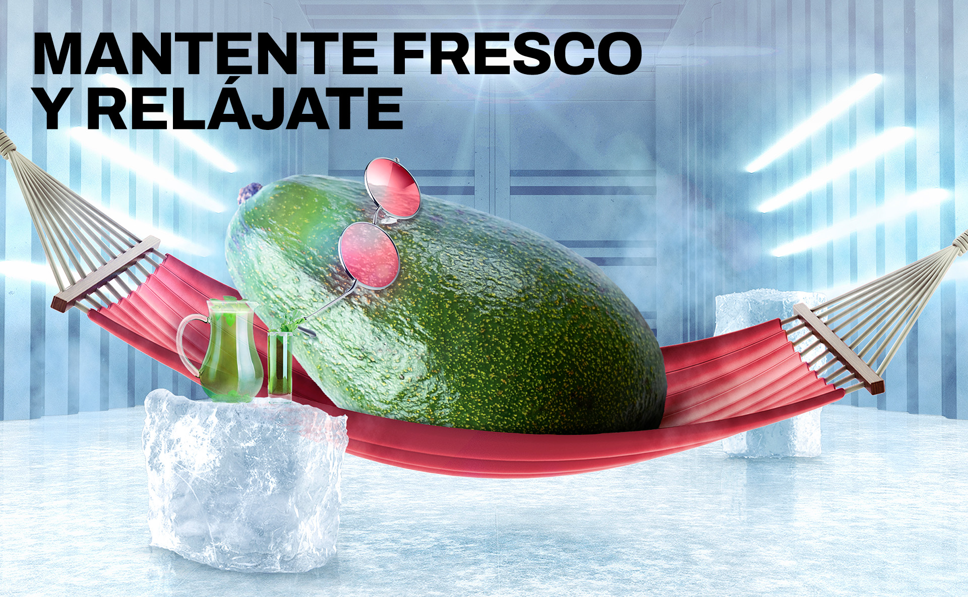 Avocado wearing glasses laying on hammock drinking a green drink placed on an ice cube