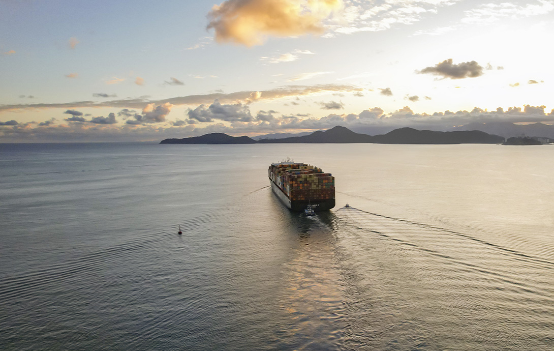 MSC vessel sailing in sea during sunrise.
