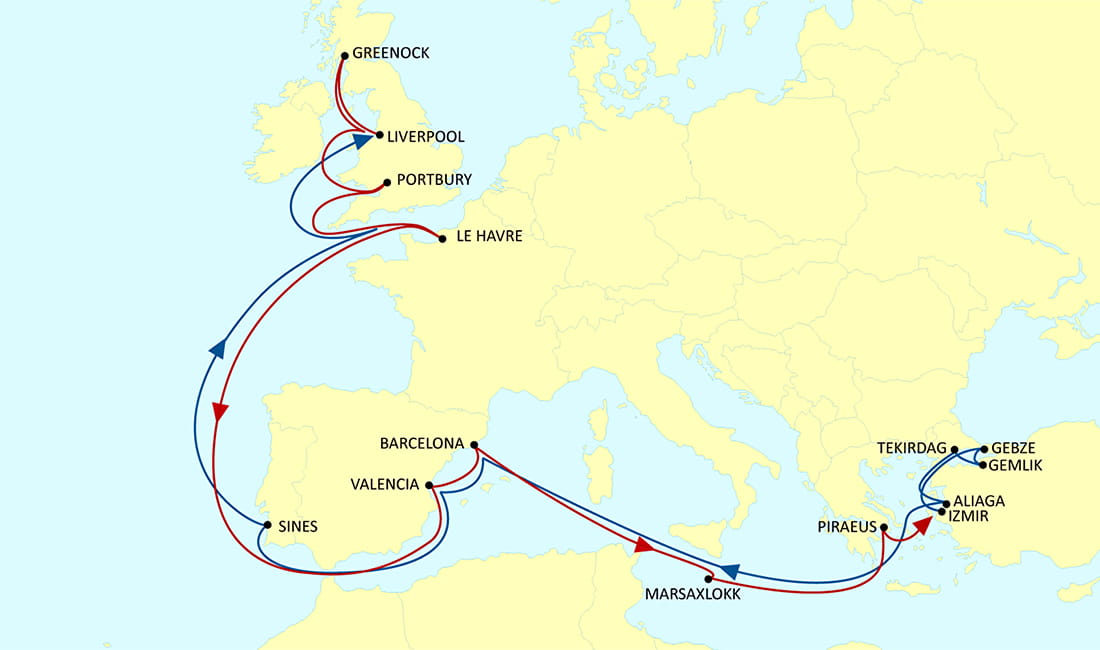 MSC UK european service rotation map illustration