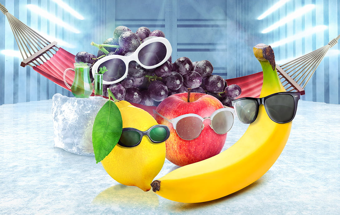 banana, apple, lemon, grapes, fruit, sunglasses, hammock