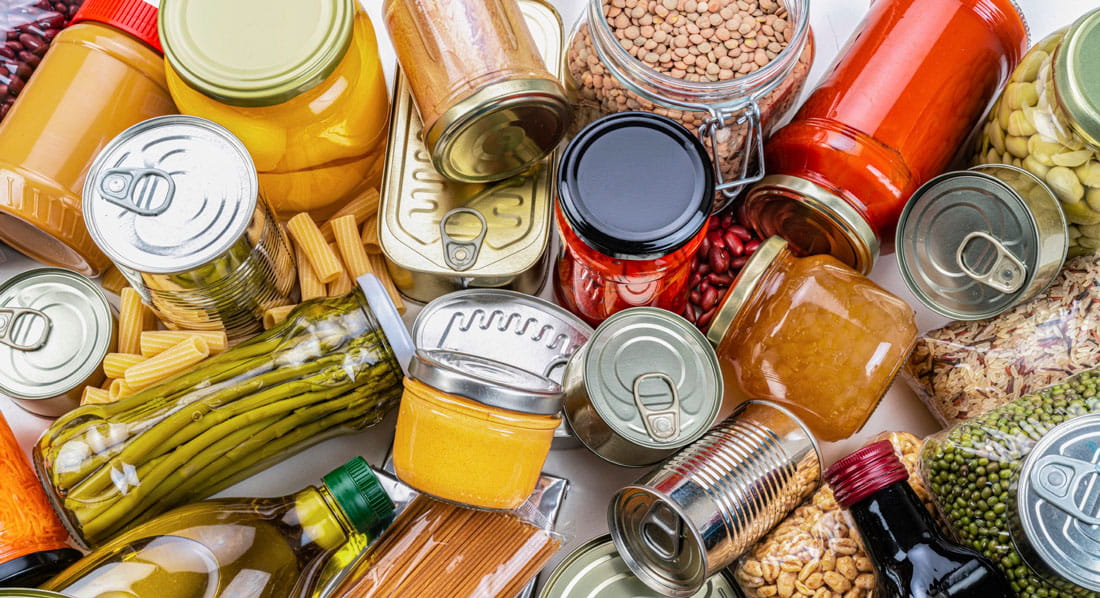 canned food, spices, pasta and oil products