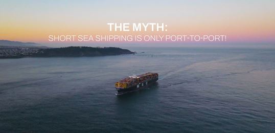 MSC Container Vessel sailing in front of a beautiful sunset with title text on top