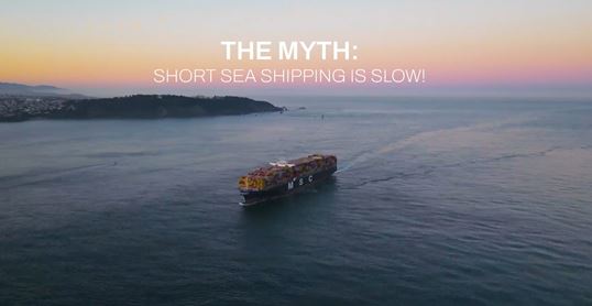 MSC Container Vessel sailing in front of a beautiful sunset with title text on top