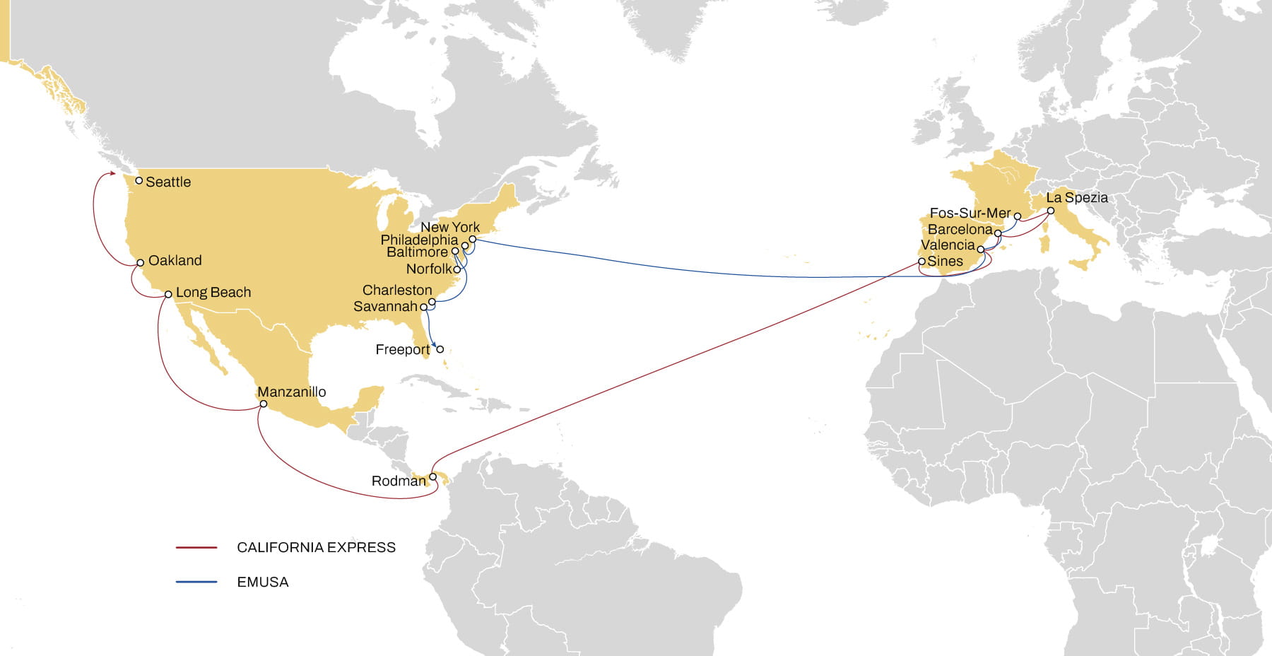 Map illustration of our South France to USA routes